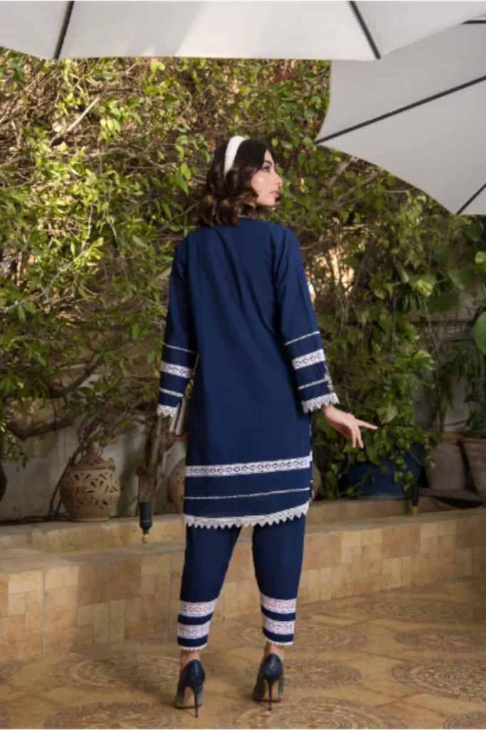 Navy Blue Shirt With Embroidery And Lace Detailing Paired With Matching Shalwar - SHK-1062 - Image 4