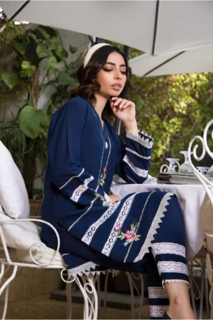 Navy Blue Shirt With Embroidery And Lace Detailing Paired With Matching Shalwar - SHK-1062 - Image 3