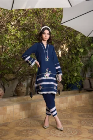 Pakistani Traditional Clothing Online-Navy Blue Shirt With Embroidery And Lace Detailing Paired With Matching Shalwar - SHK-1062