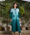 Pakistani Fancy Dresses With Prices-Shaded Green Long Shirt With Embroidery Paired With Dark Green Capri Pants - SHK-1063