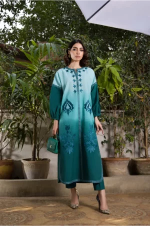 Pakistani Fancy Dresses With Prices-Shaded Green Long Shirt With Embroidery Paired With Dark Green Capri Pants - SHK-1063