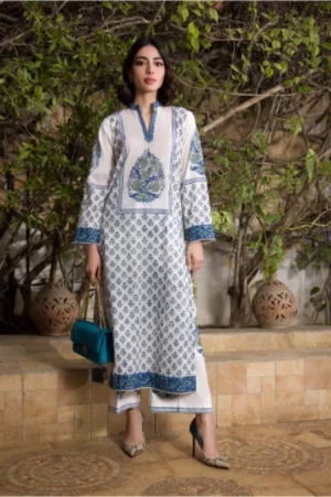 Pakistani Party Wear Dresses With Prices-White Long Shirt With Blue Block Print Paired With Block Printed Azaar Pants - SHK-1064