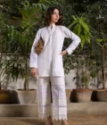 Luxury Pakistani Fashion-White Chikan Tunic With Lace Detailing Paired With Matching Azaar Pants - SHK-1056