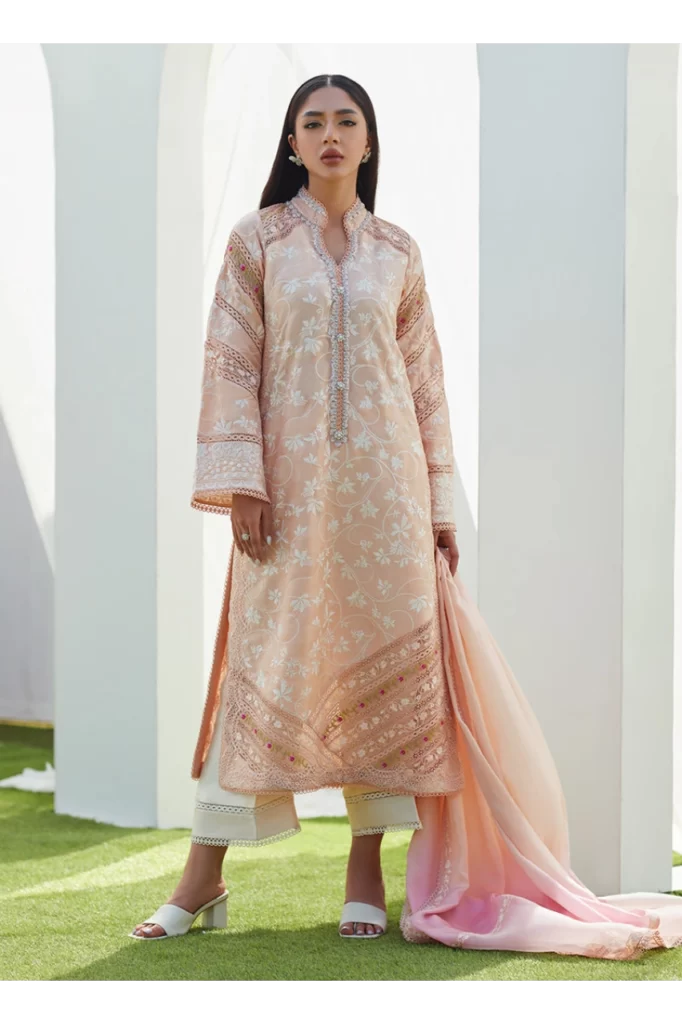 Dawn Peach Embroidered Silk Shirt and Dupatta
