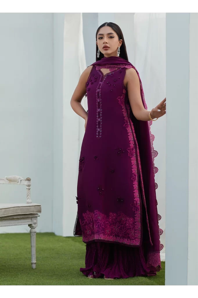 Amiah Aubergine Silk Embroidered Shirt and Dupatta - Image 5