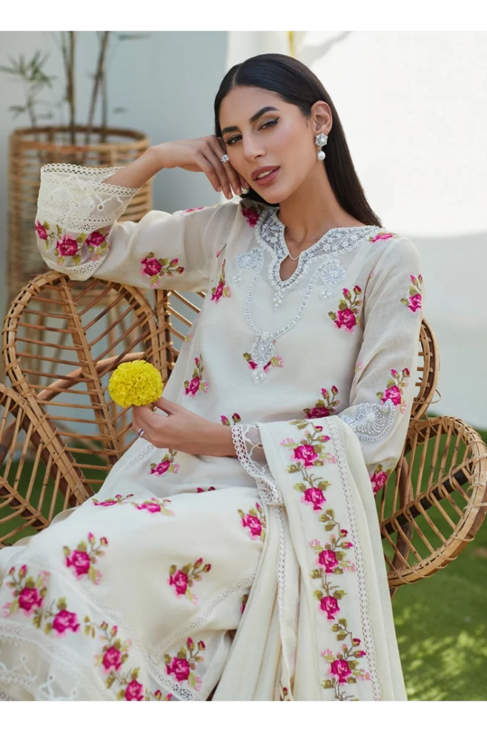 Lggy Ivory Rose Cross Stitch Shirt and Dupatta - Image 3