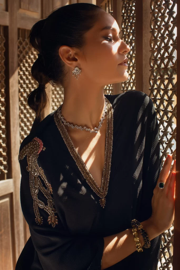 Black kaftan with antique handwork - SHK-1102 - Image 2