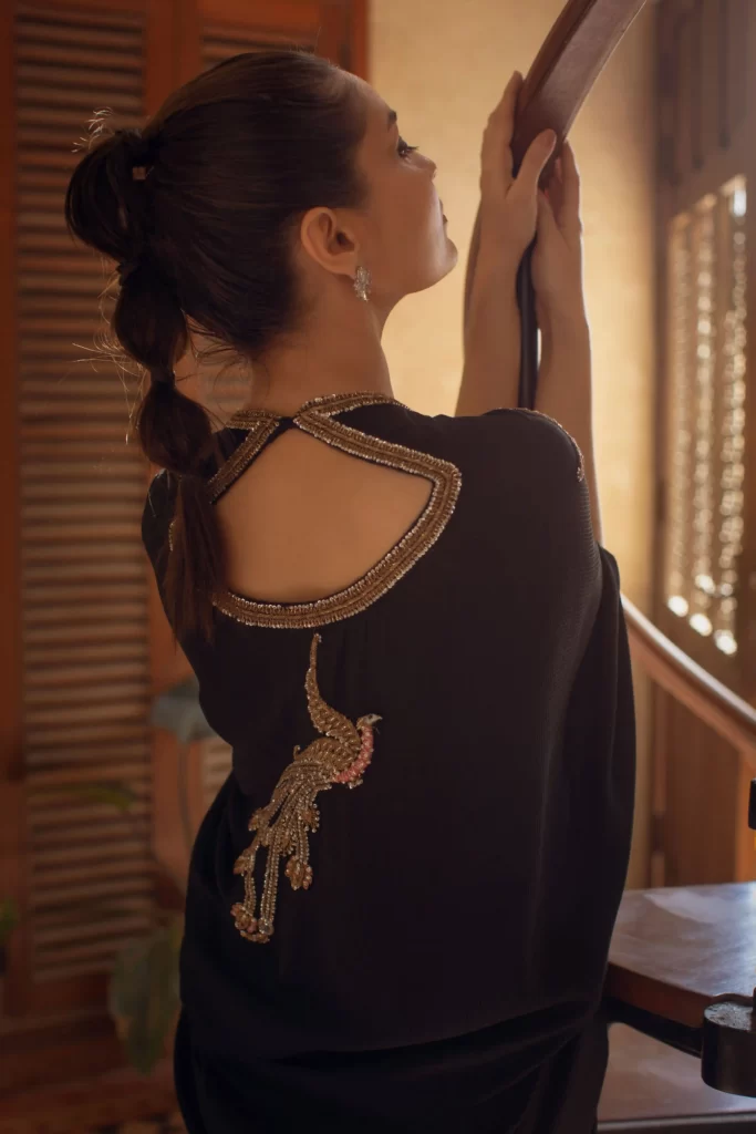 Black kaftan with antique handwork - SHK-1102 - Image 4