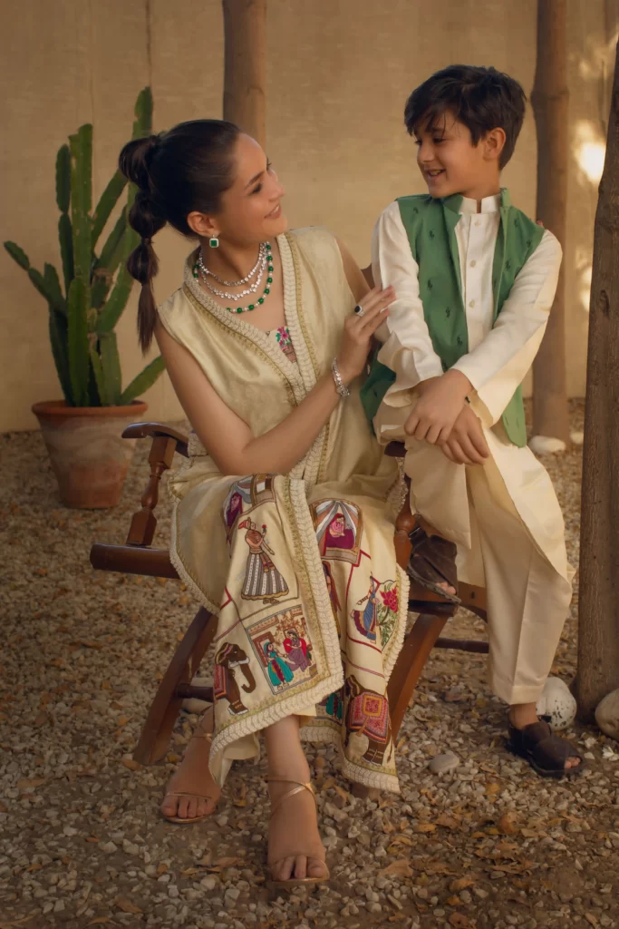 Off-white silk coat with miniature embroidery paired with matching slip and capri pants - SHK-1074 - Image 3