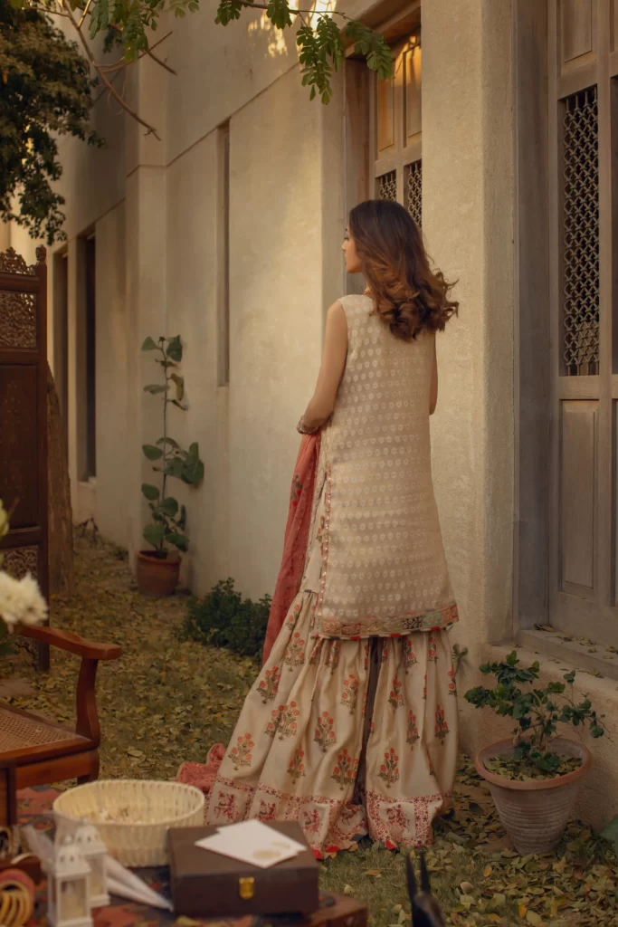 Beige shaded long shirt with embellishment paired with satin block printed gharara & dupatta - SHK-1083 - Image 3
