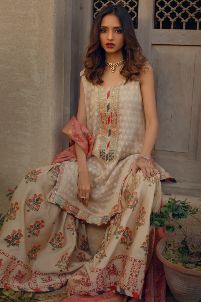 Beige shaded long shirt with embellishment paired with satin block printed gharara & dupatta - SHK-1083 - Image 2