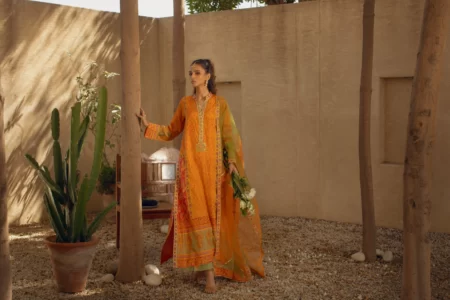 Yellow & orange block printed kaftan with gotaa work paired with block printed azaar - SHK-1069 - Image 3