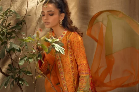 Yellow & orange block printed kaftan with gotaa work paired with block printed azaar - SHK-1069 - Image 2