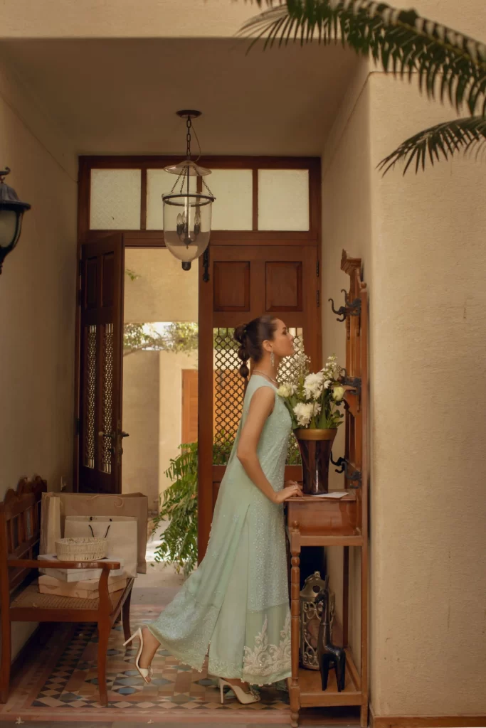 Mint green chikankari long shirt with matching capri and long dupatta - SHK-1068 - Image 2