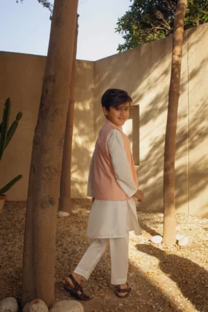 Khaadi silk kurta & pyjama with pink waist coat - SHKK-1099