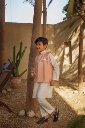 Khaadi silk kurta & pyjama with pink waist coat - SHKK-1099