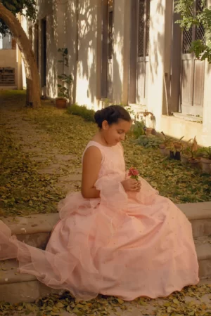 Pink net choli with stone work paired with raw silk lehenga & organza frilled dupatta - Rtd