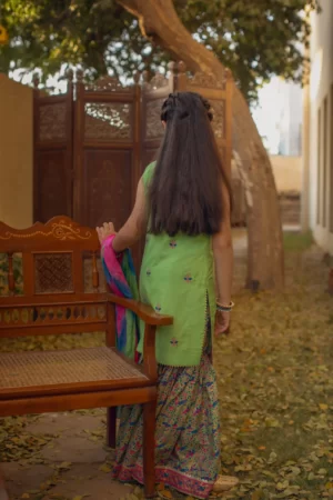 Dhaani green silk shirt with gotaa work paired with block printed gharara & shaded dupatta - SHKK-1094