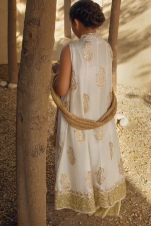 Off white anarkali with silver & gold block print paired with crushed gold azaar & dupatta - SHKK-1091