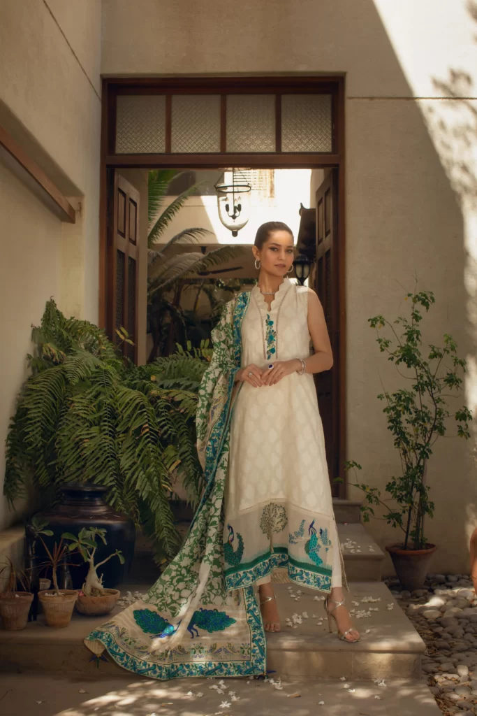 buy pakistani party wear dresses online-peach-cotton-net-shirt-with-detailing-paired-with-embroidered-shalwar-block-printed-dupatta-shk-1085-copy