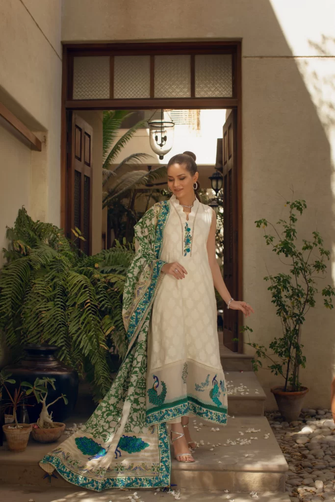 Off-white dhakai cotton shirt with embellishment paired with capri pants and dupatta - SHK-1080 - Image 2