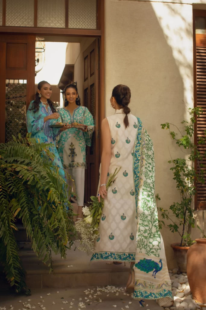 Off-white dhakai cotton shirt with embellishment paired with capri pants and dupatta - SHK-1080 - Image 3
