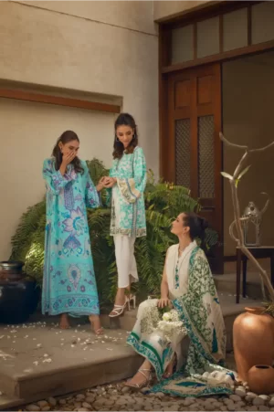 Off-white firdous tunic with blue green block print paired with contrasting shalwar - SHK-1088