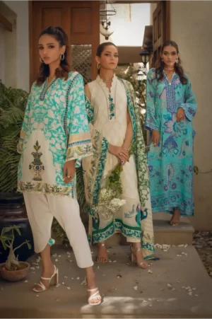 Off-white firdous tunic with blue green block print paired with contrasting shalwar - SHK-1088