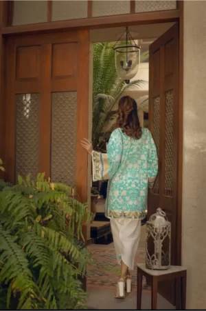 Off-white firdous tunic with blue green block print paired with contrasting shalwar - SHK-1088
