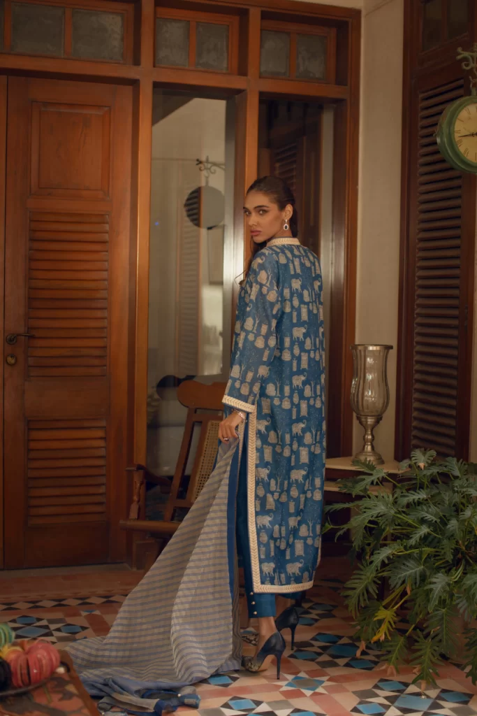 Blue digitally print long shirt with capri pants and block printed organza dupatta - SHK-1071 - Image 3