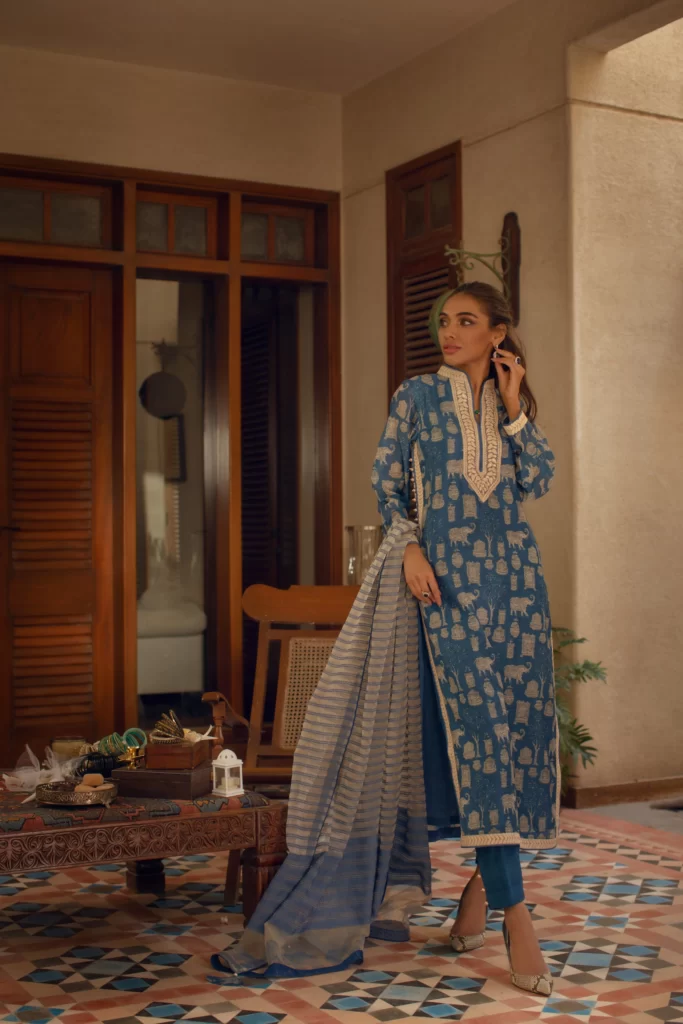 Blue digitally print long shirt with capri pants and block printed organza dupatta - SHK-1071 - Image 2