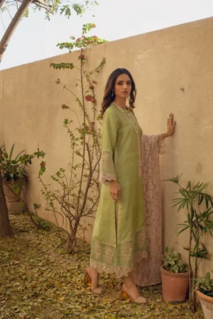 pakistani designer shop online-green-raw-silk-shirt-with-embroidered-detailing-paired-with-match-capri-pants-chantilly-lace-dupatta-shk-1078
