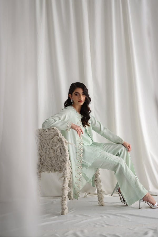 Sage Green Printed  Hand Embroidered Pant Suit Set Design by Shreya  Agarwal at Pernias Pop Up Shop 2023
