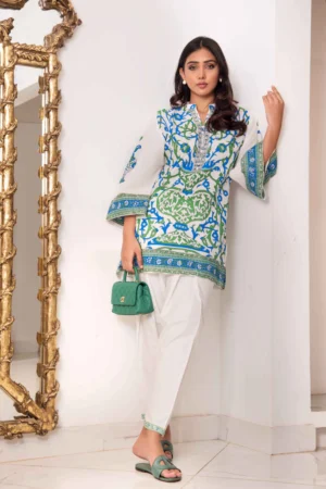 White Cotton Block Printed Shirt With White Shalwar – Shk-1125