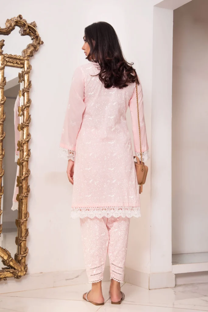 Pink Cotton Long Shirt With Block Print Paired With Matching Shalwar – Shk-1126 - Image 3