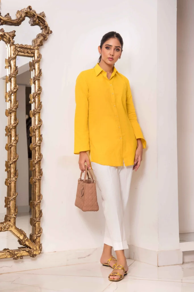 Yellow Linen Button Down Shirt With White Capri Pants – Shk-1128