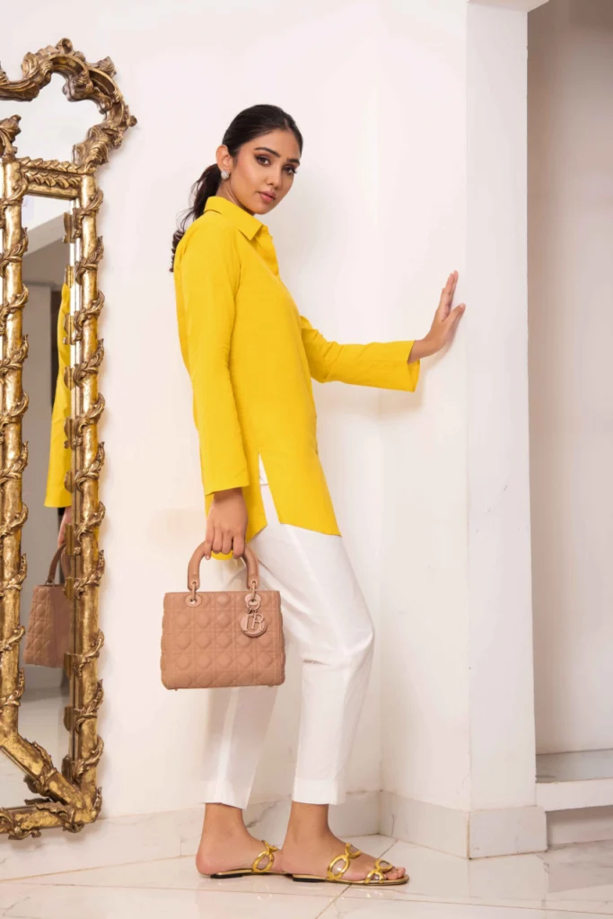 Yellow Linen Button Down Shirt With White Capri Pants – Shk-1128 - Image 2