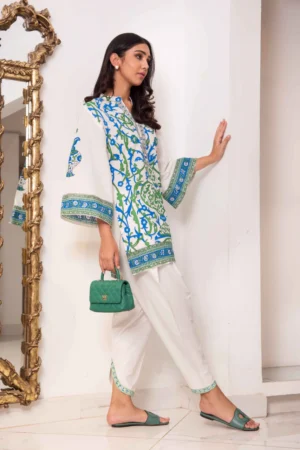 White Cotton Block Printed Shirt With White Shalwar – Shk-1125