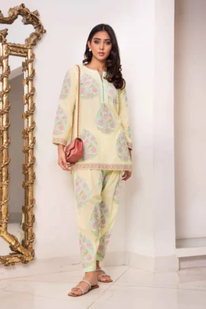 Pakistani Pret Wear Online-Yellow Chikan Shirt With Block Print Detailing Paired With Matching Shalwar – Shk-1123