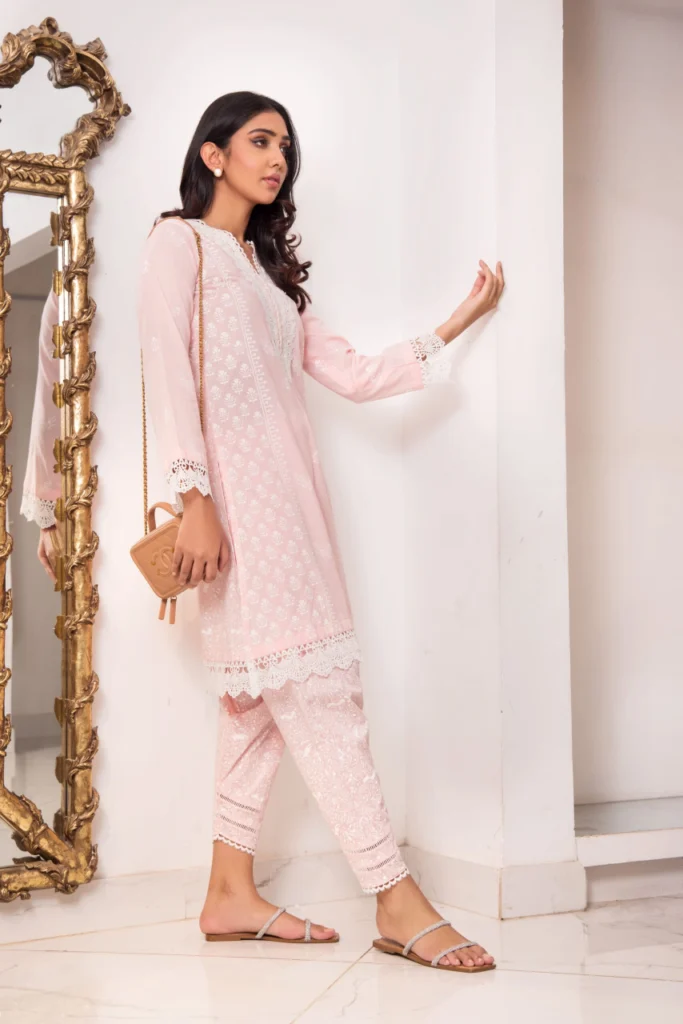Pink Cotton Long Shirt With Block Print Paired With Matching Shalwar – Shk-1126 - Image 2