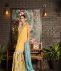 Mustard raw silk shirt with silver hand work paired with block printed gharara & dupatta - SHK-1134 ( Rtd ) - Image 5