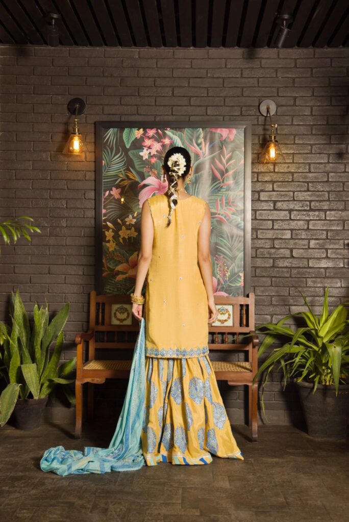 Mustard raw silk shirt with silver hand work paired with block printed gharara & dupatta - SHK-1134 - Image 4