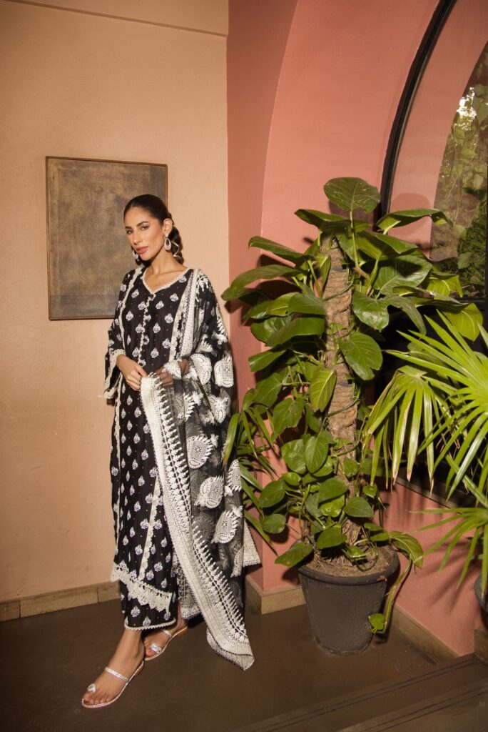 Black cotton net shirt with white detailing paired with matching azaar & black - SHK-1142 - Image 5