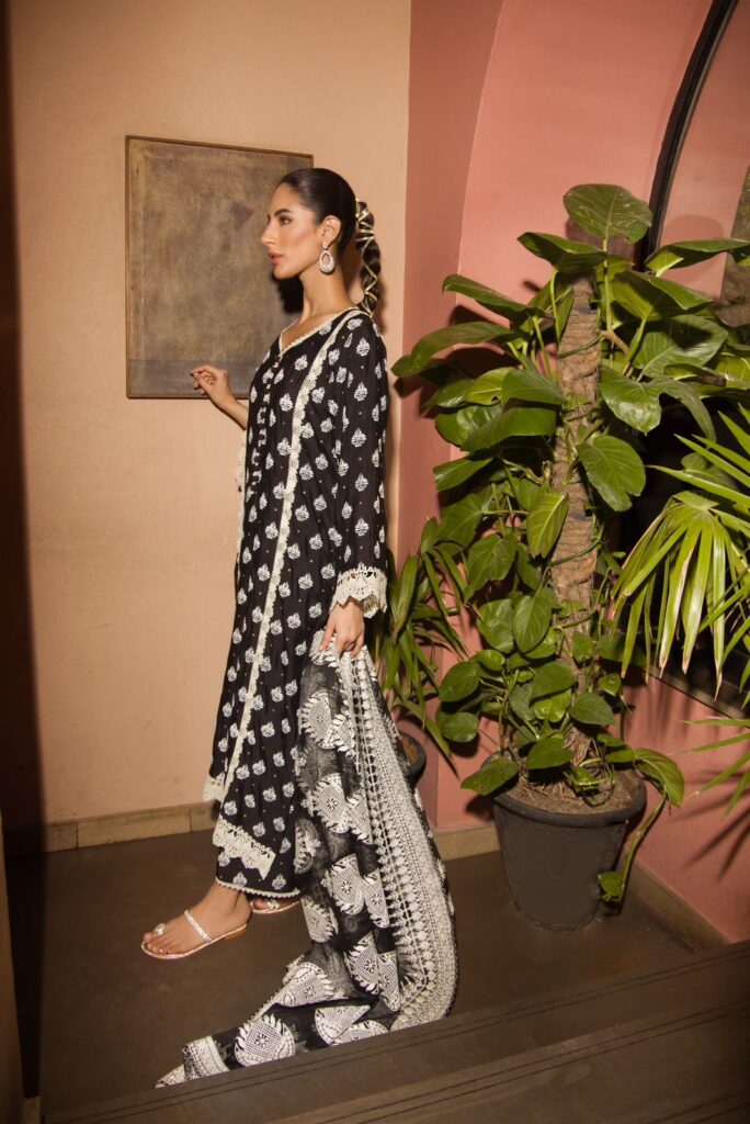 Black cotton net shirt with white detailing paired with matching azaar & black - SHK-1142 - Image 4