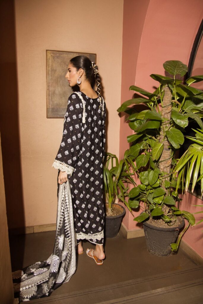 Black cotton net shirt with white detailing paired with matching azaar & black - SHK-1142 - Image 3