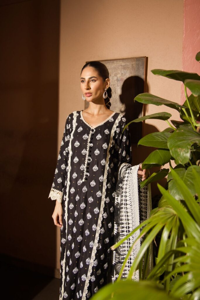 Black cotton net shirt with white detailing paired with matching azaar & black - SHK-1142 - Image 2