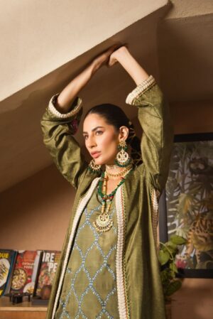 Olive green katan silk coat with multicoloured arri work paired with block printed slip & capri pants - SHK-1136