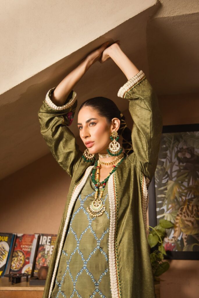 Olive green katan silk coat with multicoloured arri work paired with block printed slip & capri pants - SHK-1136 - Image 2