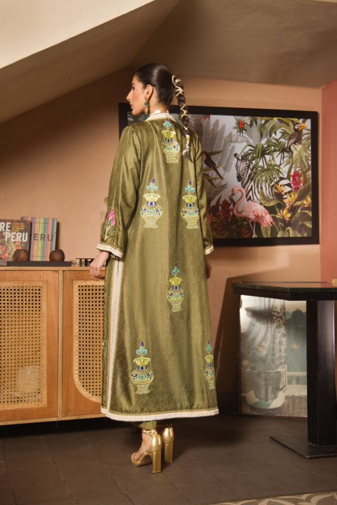 Olive green katan silk coat with multicoloured arri work paired with block printed slip & capri pants - SHK-1136 - Image 5