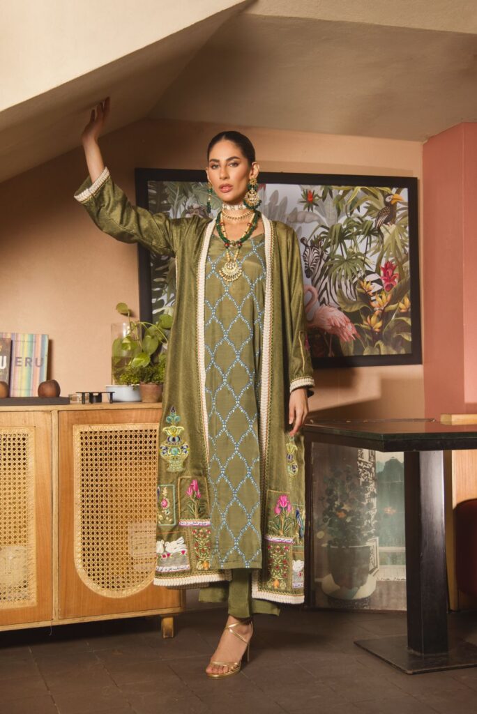 Olive green katan silk coat with multicoloured arri work paired with block printed slip & capri pants - SHK-1136 - Image 4